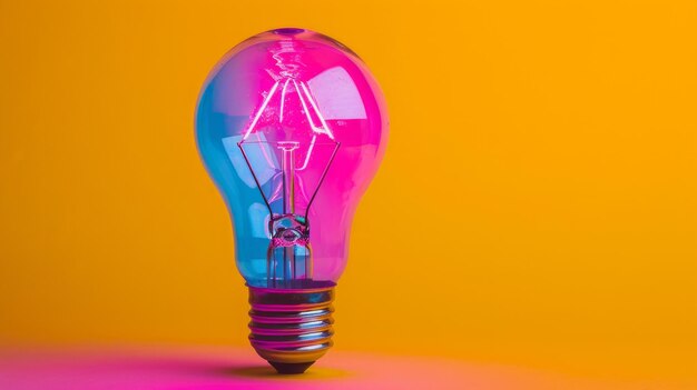 Photo pink light bulb on table illuminating a room with soft pink glow