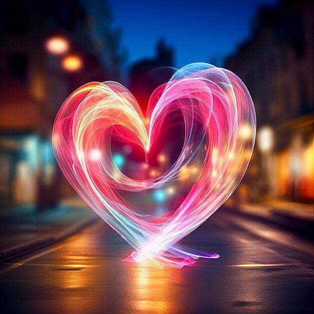 Photo pink light heart shaped in night city