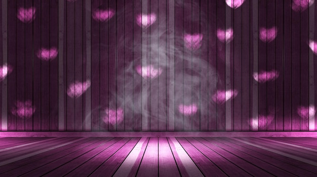 Pink lighting heartshaped and smoke on stage with wall and floor woodValentines Day Concept