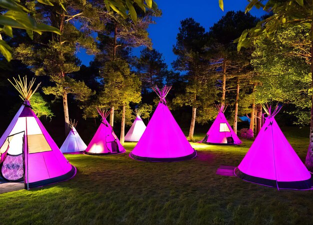 The pink lights of the teepees are lit up in the dark.