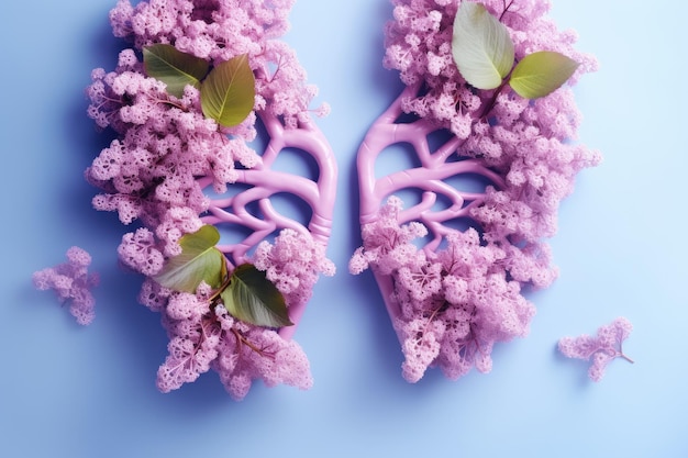 사진 분홍색 라일락 꽃은 흡연으로 인한 염증과 해로움을 보여주는 인간의 폐를 나타냅니다.