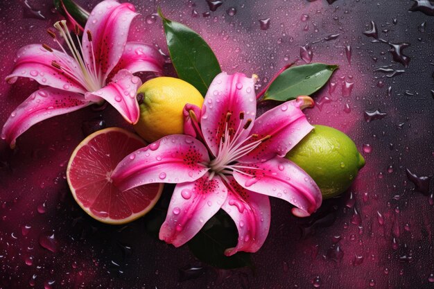 Pink Lilies and Citrus on Wet Surface