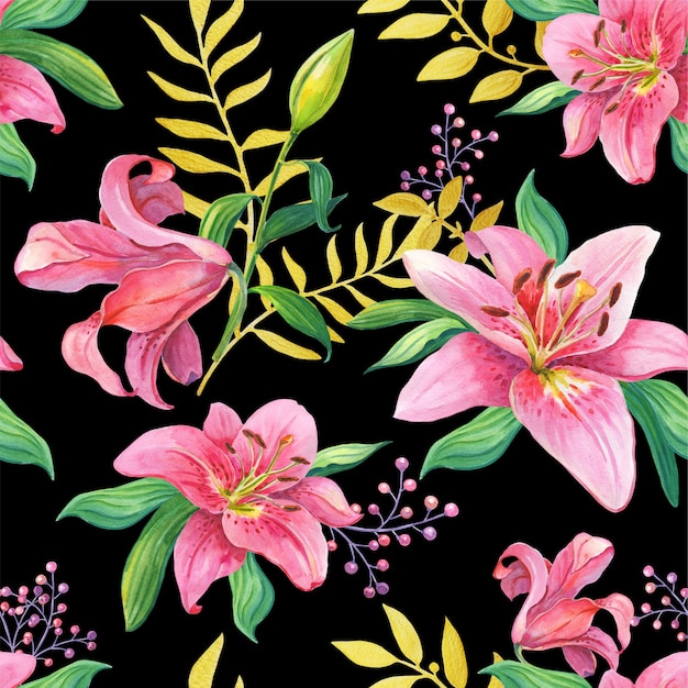 Pink Lilies.Watercolor flowers on a black