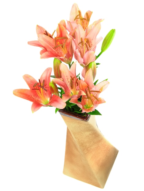 Pink liliesin vase on white background. Isolated over white