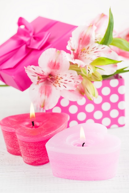 Pink lilly flowers with gift box