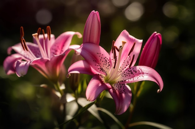  ⁇ 은 날에 분홍색 릴리 꽃 여름 정원 꽃 아름다움 식물 Ai를 생성