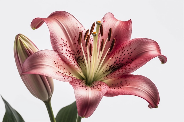 A pink lily with a white background