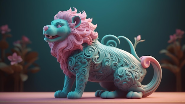 A pink lion statue with a pink mane and tail stands on a dark background.