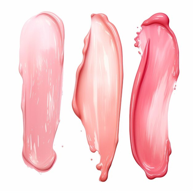 Pink lipstick smears set Cream makeup texture Top view of cream smears on white background