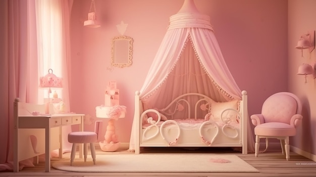 캐노피 침대 책상과 의자와 함께 분홍색 작은 공주 방