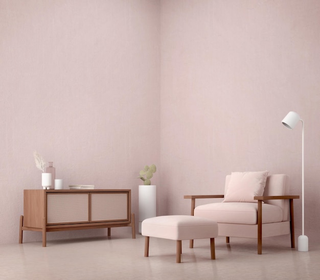 Pink living room with armchair stool and TV table