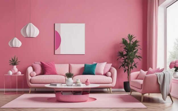 Photo pink living room with free space with colored details