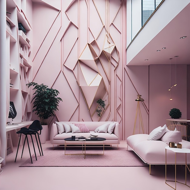 황금빛 디테일이 있는 여유 공간이 있는 핑크색 거실