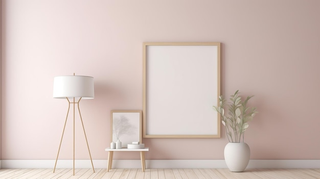 Pink living room with a picture frame on the wall