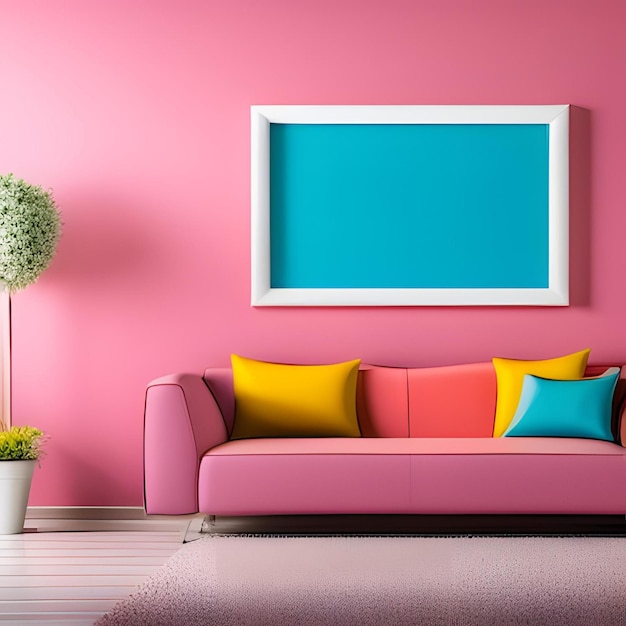 A pink living room with a pink wall and a picture of a plant and a pink couch.