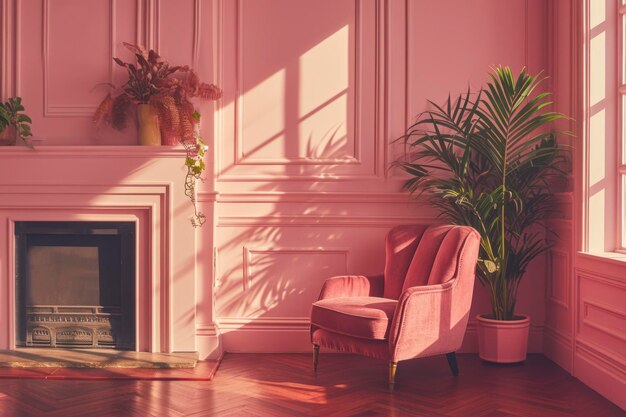 Pink living room with single chair potted plant wall panels and fireplace