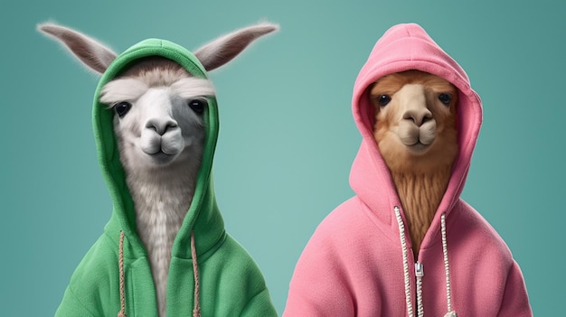 A pink llama with a green hoodie and a green hood