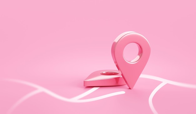 Pink location 3d icon on position place map navigation background with pastel direction pin point symbol or gps destination pointer marker route sign and discovery find road address delivery target