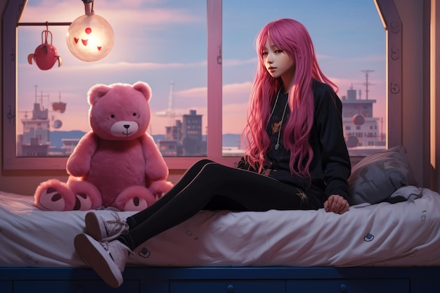 Pink Long Haired Woman Indulging in Daylight Bliss with Bear Plush Toy on Double Bed Captivating 3