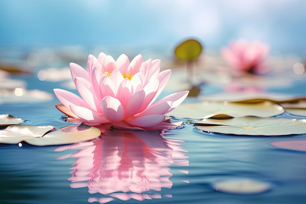 Pink lotus flower on floating lily pads