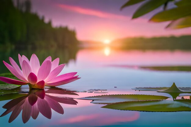 Foto un fiore di loto rosa di fronte a un lago con il sole che tramonta dietro.