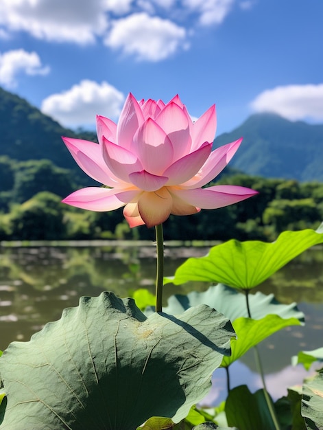 Pink lotus flower in front of a mountain