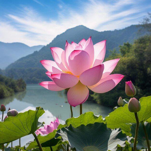 Pink lotus flower in front of a mountain