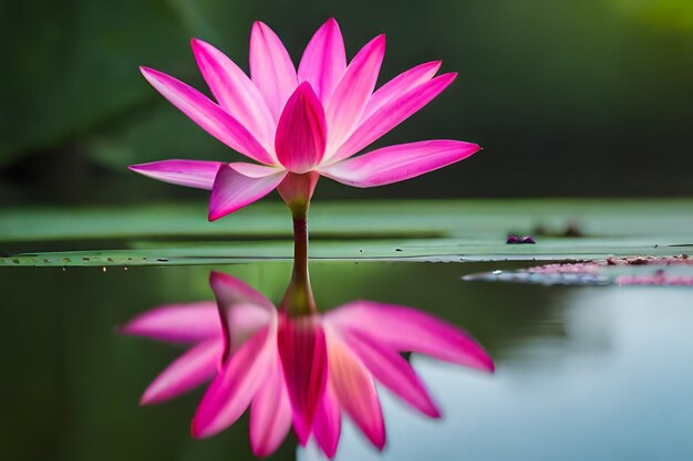 A pink lotus flower is reflected in a pond