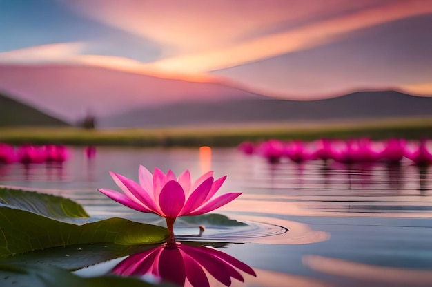 Foto fiore di loto rosa in un lago con le montagne sullo sfondo
