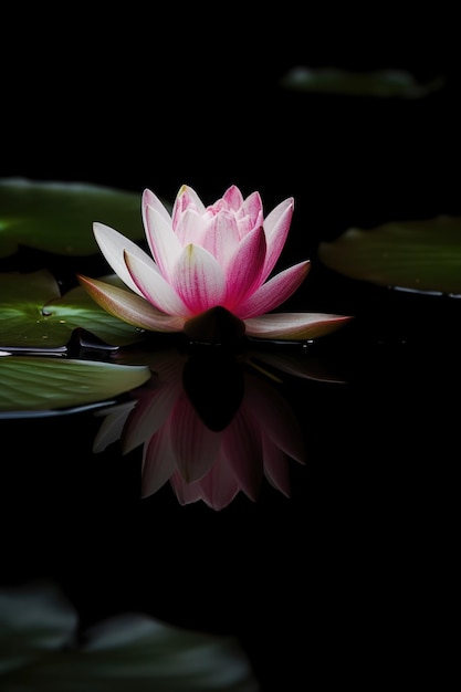 Foto fiore di loto rosa e foglie su acqua scura creata utilizzando la tecnologia ai generativa