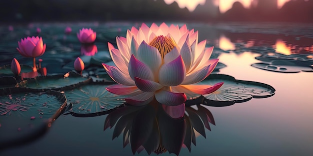 シアンの水のある池の真ん中にあるピンクの蓮の花 暖かい照明