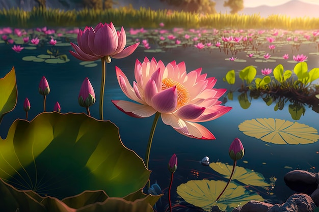 Pink lotus flower in the middle of a pond with cyan water Warm lighting