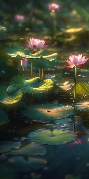 A pink lotus flower in a pond