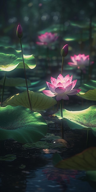 A pink lotus flower in a pond