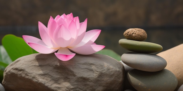 A pink lotus flower sits on a pile of stones with a black background.