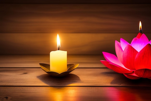 A pink lotus flower sits on a wooden table with a lotus flower in the background