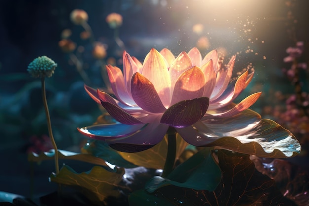 물에 핑크 로터스 꽃 마법의 빛에 동화 연꽃 호수 또는 연못에 수련 꽃