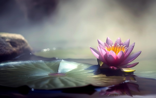 Pink lotus flower on water with sun rays