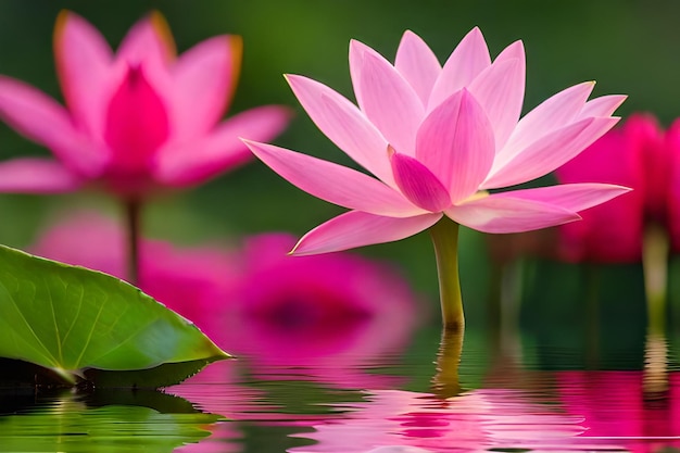 Pink lotus flower with green leaves in the water