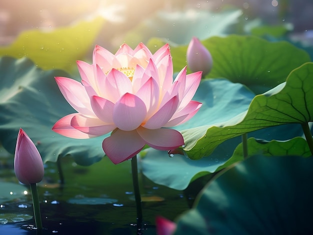 Pink lotus flower with leaves