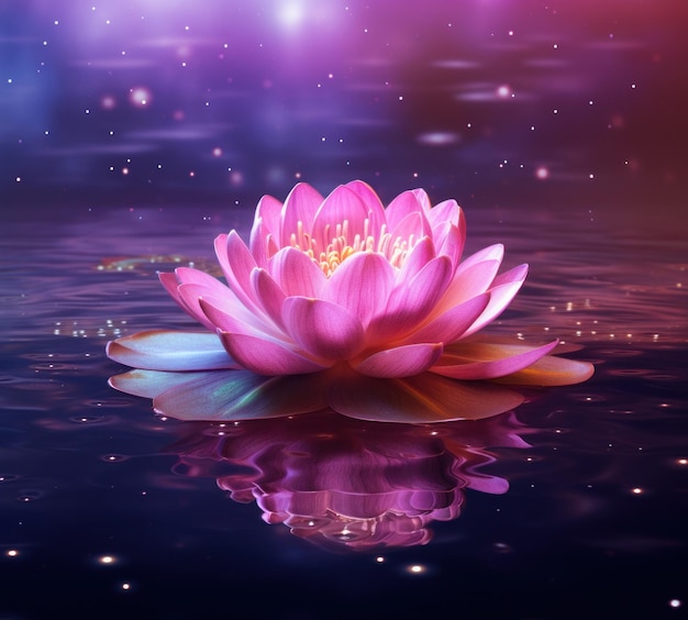 pink lotus flower with sparkles and glow on the water