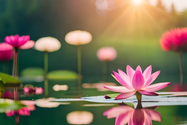 a pink lotus flower with the sun behind it