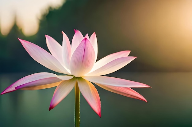 A pink lotus flower with the sun behind it