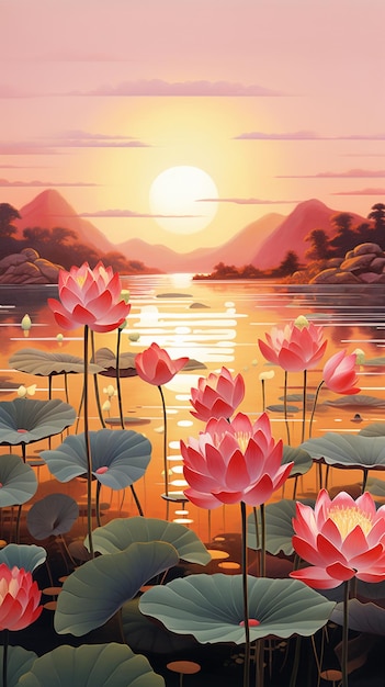 pink lotus flowers on a background of mountains and the sun.