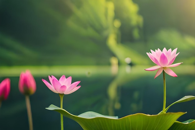 pink lotus flowers in front of a pond with the sun behind them