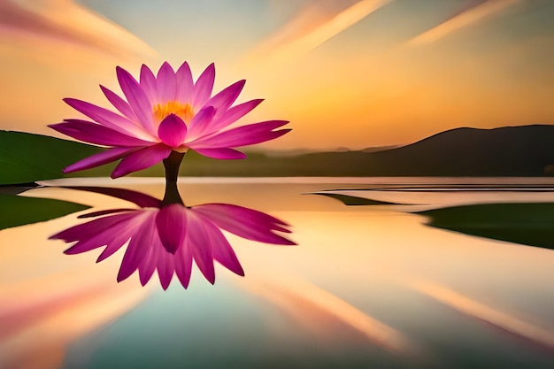 Foto lotus rosa con un tramonto sullo sfondo