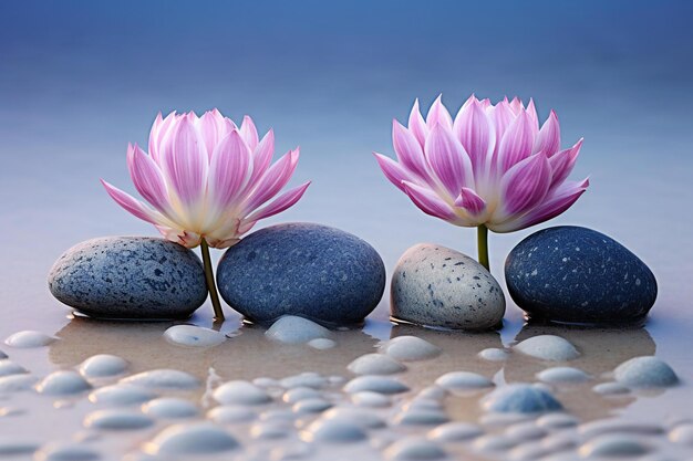 Pink lotus and zen stones with water drops on blue background