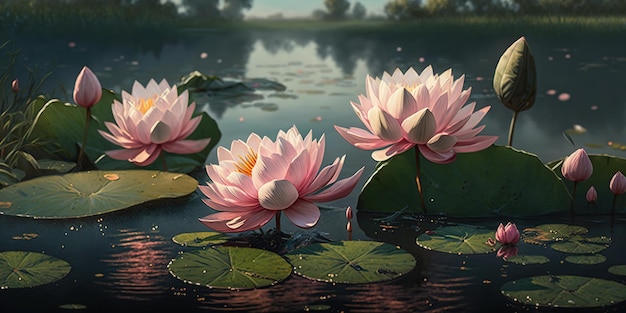 pink lotuses on the water at sunny day