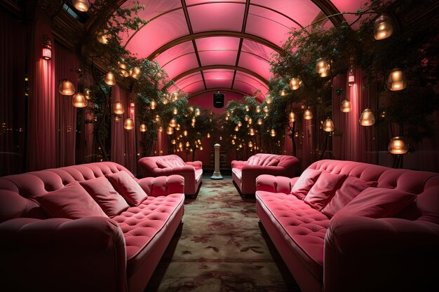 Photo pink lounge room with pink environment and pink sofas