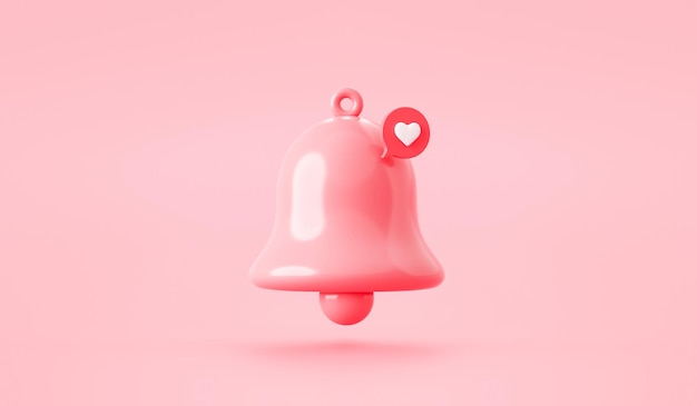 Pink love bell alarm reminder alert on notification heart bubble message 3d background with creative chat new contact mobile attention or minimal pastel smartphone ring and cute email social notice